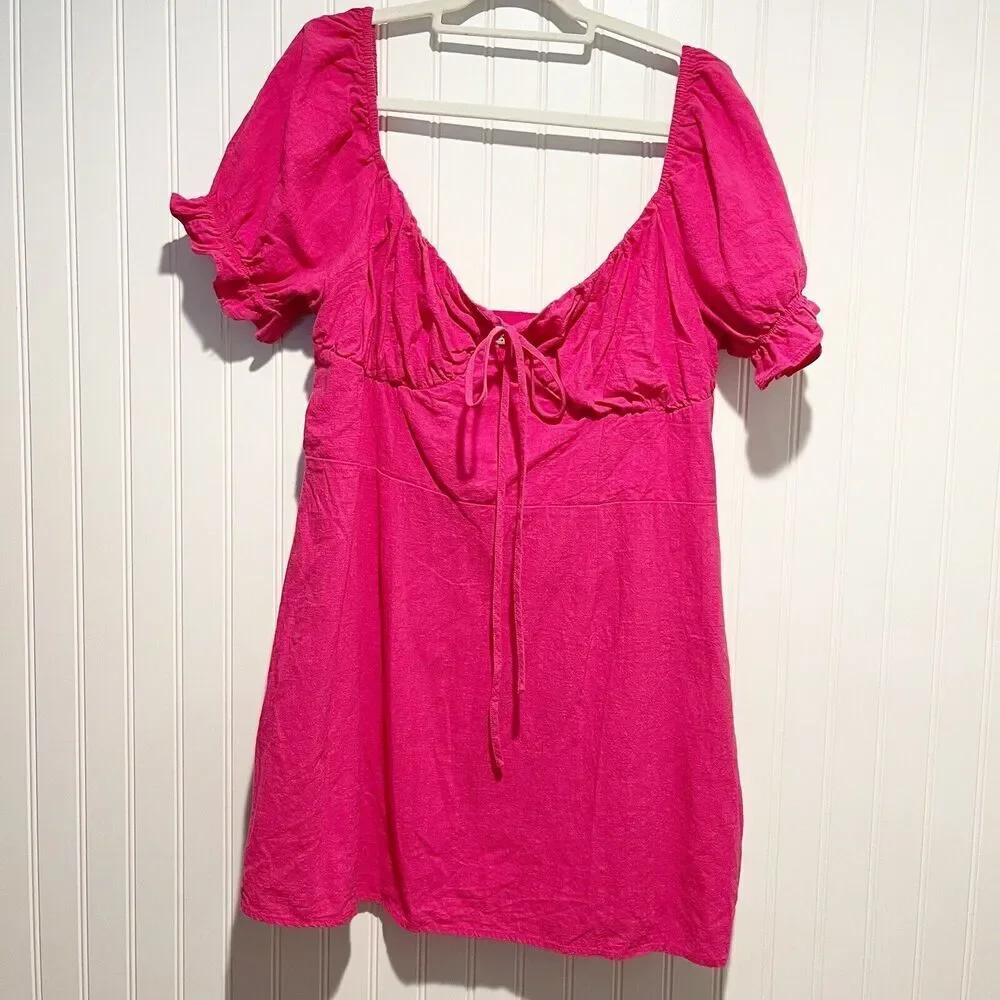 Showpo Hot Pink Whilma Mini Dress Puff Sleeves Flirty Romantic Size 16 - Picture 2 of 7
